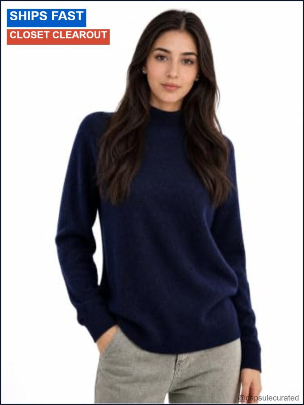 100% Cashmere Mock Neck Long Sleeve Pullover Sweater Seamless Knit Fall Winter